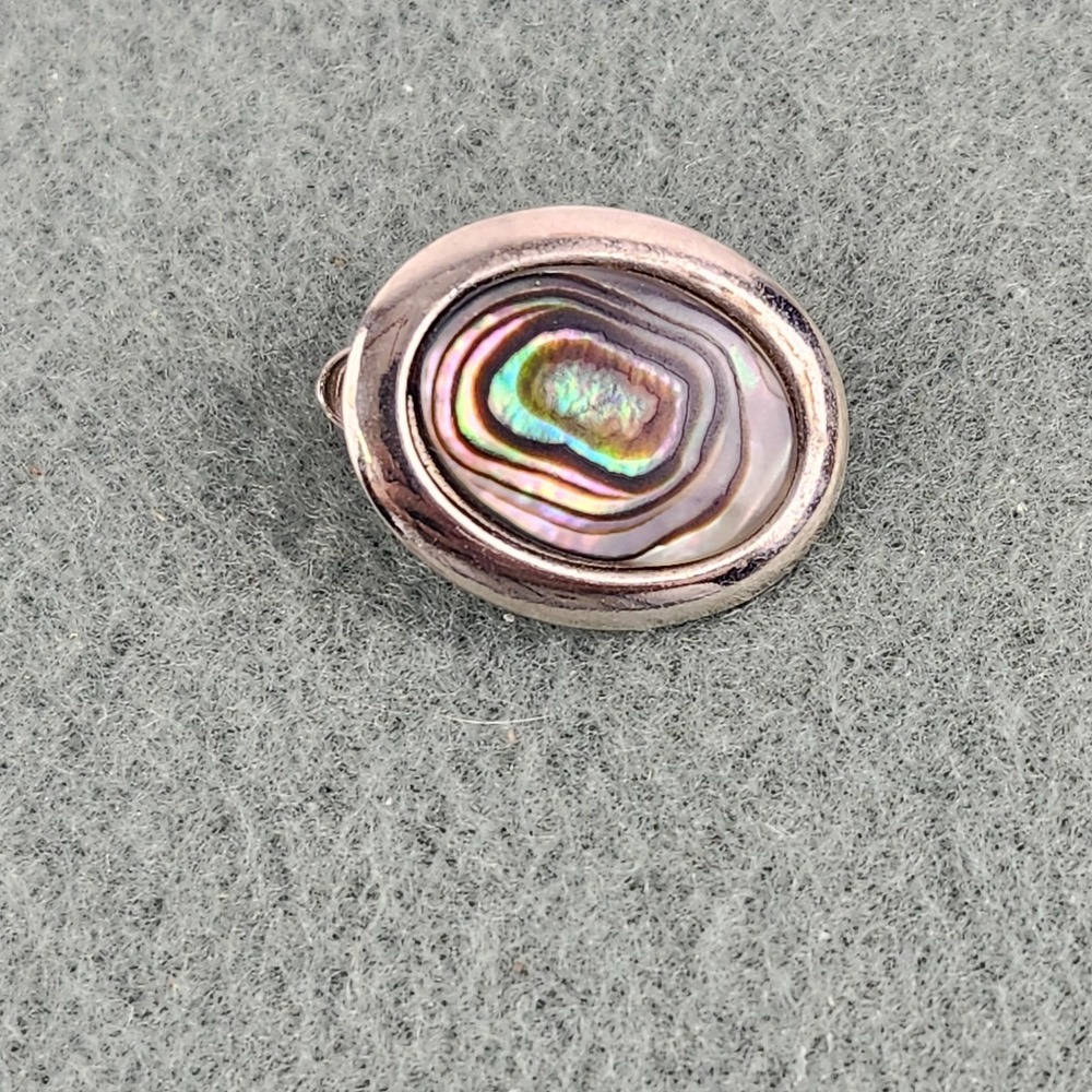Vintage Mid Century MCM Modernist Silver Tone Abalone Shell Oval Tie Clip